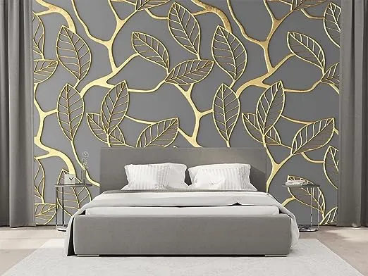 Cliouar-3d Wallpaper Golden Leaves Mural Wallpaper Bedroom Living Room Decor 103" x 69"(Gold Leaves are not Embossed)