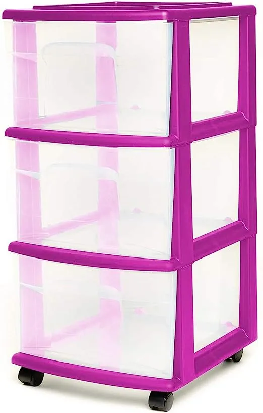 Homz Plastic 3 Drawer Medium Storage Container Tower, Clear Drawers/Purple Frame