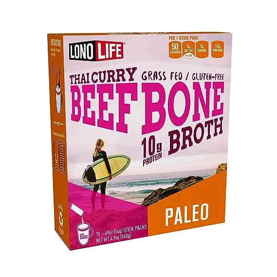 LonoLife - Thai Curry Beef Bone Broth Sticks - 10g Collagen Protein - Grass-Fed, Gluten-Free - Keto & Paleo Friendly - Portable Individual Packets - 10 count