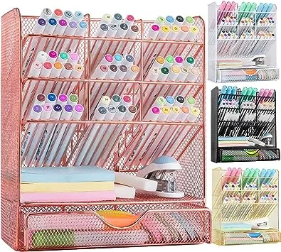 Spacrea Pen Holder Desk Organizer - Desk Organizers and Accessories, Pencil Holder with 10 Compartments and 1 Drawer (Silver)