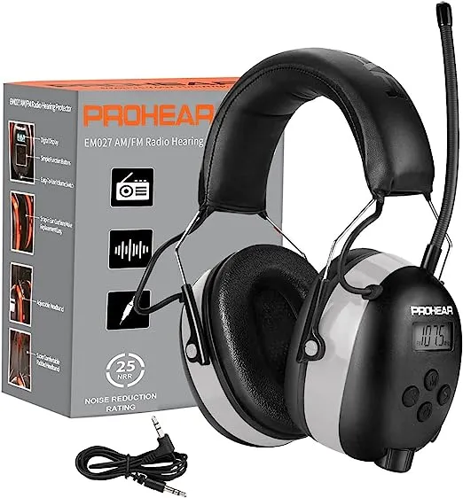 PROHEAR 027 AM FM Radio Headphones with Digital Display, 25dB NRR, Safety Ear Protection Earmuffs for Mowing, Snowblowing, Construction, Work Shops - Orange