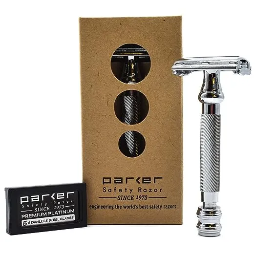 Parker 99R - Long Handle Heavyweight Butterfly Open Double Edge Safety Razor for Men & 5 Premium Platinum Double Edge Razor Blades