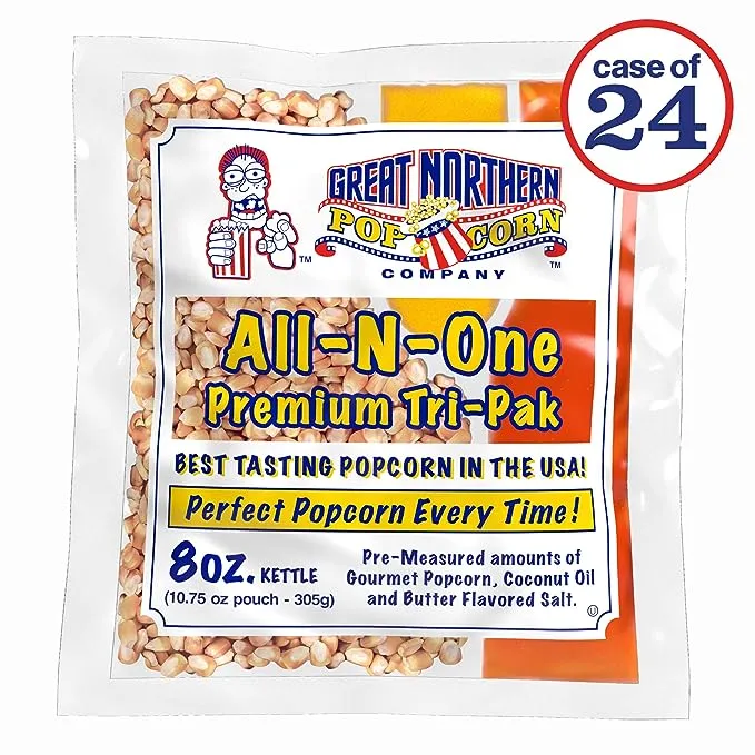 GREAT NORTHERN POPCORN COMPANY - Popcorn Packs, Pre-Measured, Movie Theater Style, All-in-One Kernel, Salt, Oil Packets for Popcorn Machines, 8 Ounce (Pack of 24)