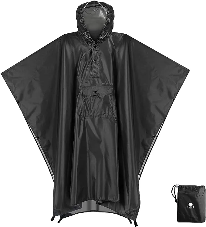 Anyoo Waterproof Rain Poncho Lightweight Reusable Hiking Hooded Coat Jacket for Outdoor Activities (X Black) Anyoo