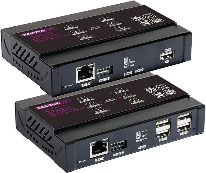 4K HDMI KVM USB Extender Over Single Cat5e/6 up to 100M(328ft), KVM Extender Support 1080P@60Hz, Plug & Play, Keyboard & Mouse Ethernet Network, Lossless-Near Zero Latency, 4 Ports USB2.0