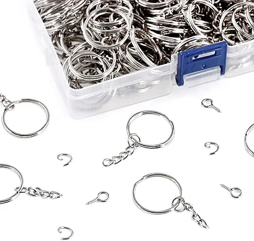 Swpeet 450pcs 1" 25mm Sliver Key Chain Rings Kit, Including 150pcs Keychain Rings with Chain and 150pcs Jump Ring with 150pcs Screw Eye Pins Bulk - P