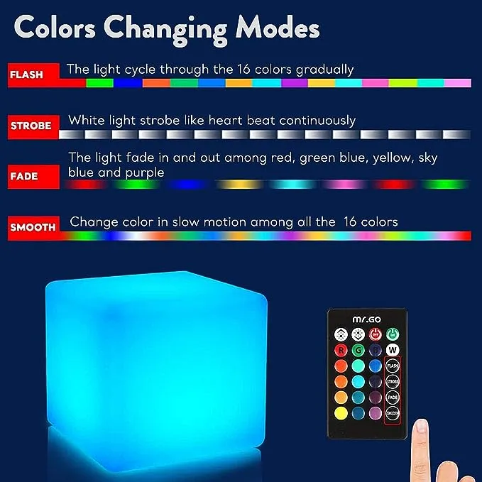 Mr.Go [16 RGB Colors 4 Modes] Waterproof Rechargeable LED Color-Changing Light Cube 8" | Dimmable Soothing Mood Lamp w/Remote | Ideal for Home Patio Party Accent Ambient & Decorative Lighting