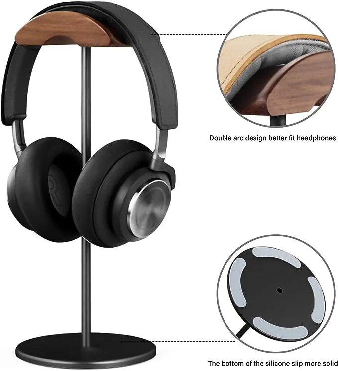 Headphone Stand, Walnut Wood & Aluminum Headset Stand, Nature Walnut Gaming Headset Holder with Solid Heavy Base for All Headphone Sizes (Black)