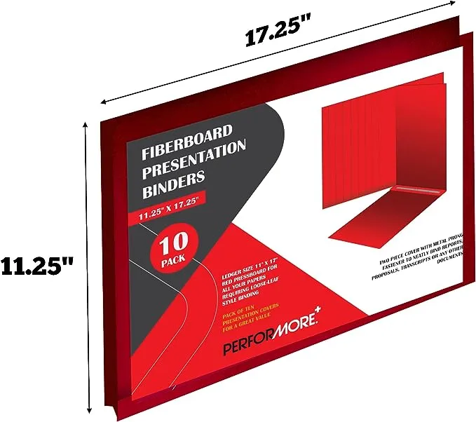 10 Pack of 11”x17” Landscape Pressboard Presentation Binder Folder, Red Fiberboard Report Cover with Metal Prong Paper Fastener to Neatly Bind Reports, Proposals, Transcripts and Other Documents