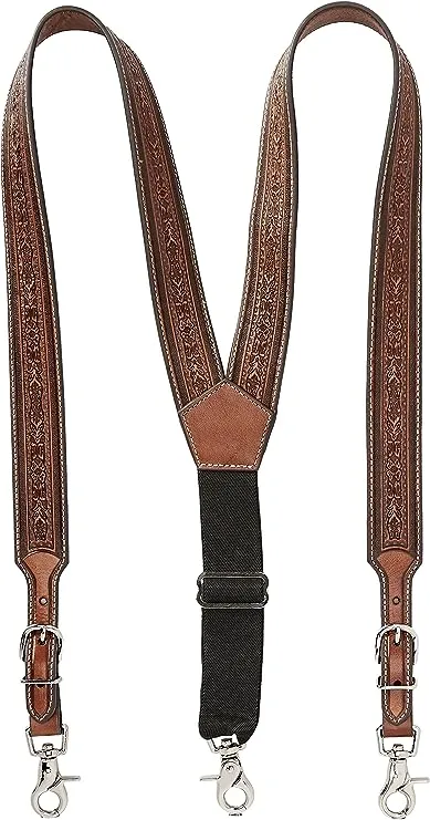 New Nocona Belt Co Men&#039;s Antique Leather Buckle Suspenders with Detail Inlay