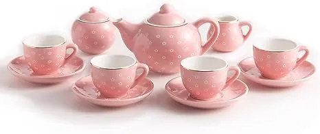 13 Pcs Porcelain Tea Sets for Girls,Pastel Polka Dots, Mini Kitchen Tea Party Sets