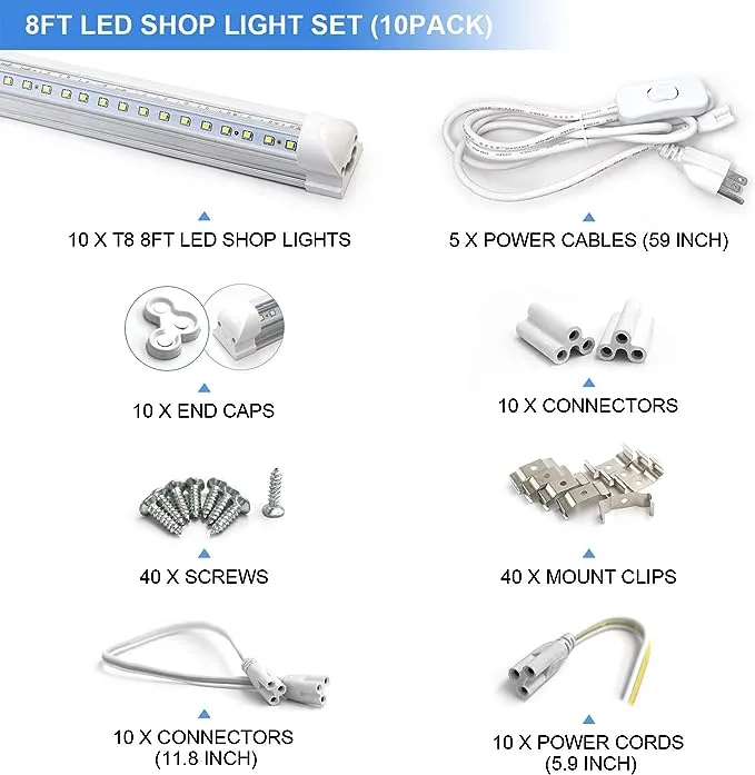 10-Pack 8ft LED Shop Light Fixture - 90W T8 Integrated LED Tube Light - 6500K 12000LM V-Shape Linkable - High Output - Clear Cover - Plug and Play - 270 Degree Lighting for Garage, Shop, Barn