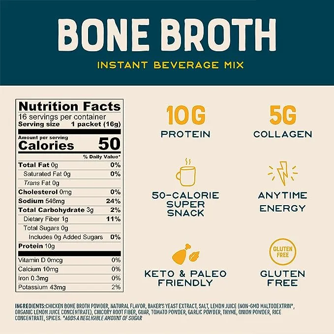 Bare Bones Bone Broth Instant Powdered Beverage Mix, Chicken, Pack of 16, 15g Sticks, 10g Protein, Keto & Paleo FriendlyBare Bones Bone Broth Instant Powdered Beverage Mix, Chicken, Pack of 16, 15g Sticks, 10g Protein, Keto & Pal…