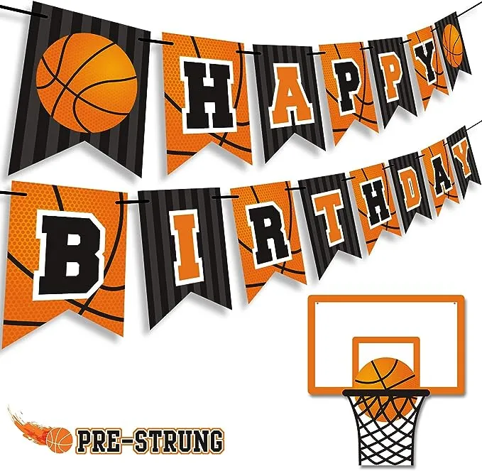 Basketball Happy Birthday Banner Slam Dunk Party Decoration Supplies Kids Teenagers Boys B-day Photo Prop Pennant Ideas NO DIY Required