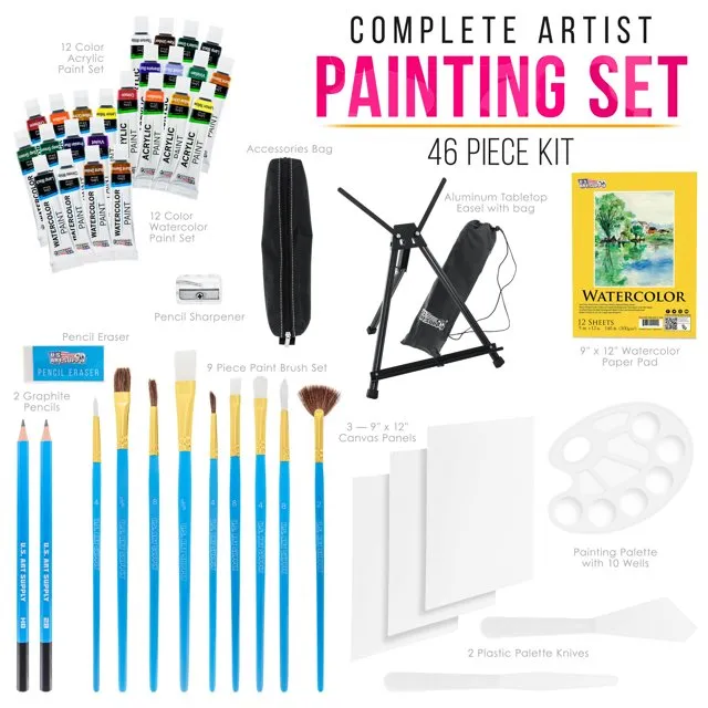 Inburit Art Paint Set for Kids, Painting Supplies Kit with 5 Canvas Panels, 8 Brushes, 12 Acrylic Paints, Table Easel, Etc, Premium Paint Set for Students, Kids and Beginner.