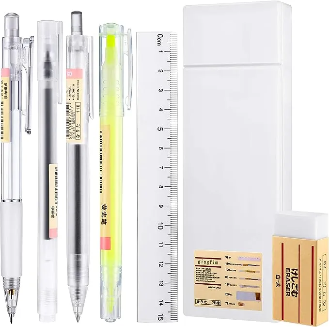 gisgfim 7 pieces Japanese Styled Gel Ink Ballpoint Pen,Mechanical Pencil Double-sided Highlighter Plastic Pencil Case with Eraser Ruler for Office, Home, School and Arts Stationery