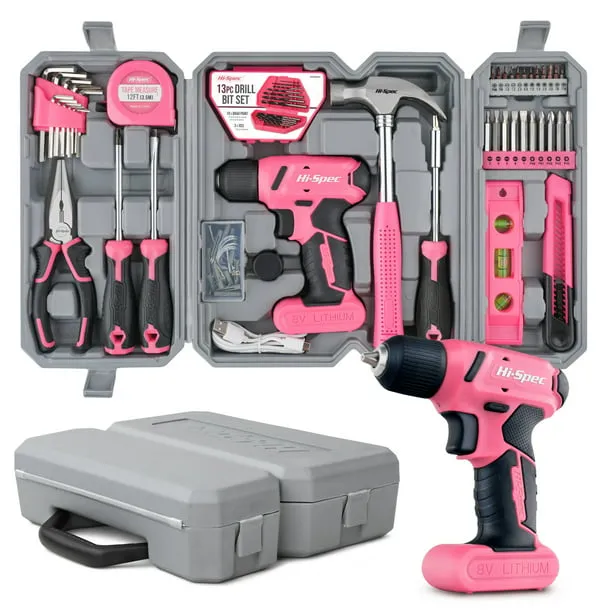 Hi-Spec 58pc Pink 8V USB Electric Drill Driver & Household Tool Kit Set. DIY Cordless Power Screwdriver