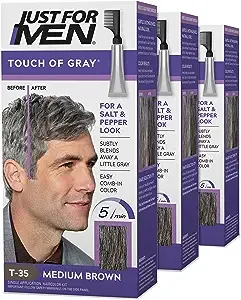 Just For Men Touch of Gray, Mens Hair Color Kit with Comb Applicator for Easy Application, Great for a Salt and Pepper Look - Medium Brown, T-35, Pack of 3