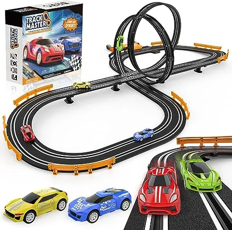 Slot-Car-Race-Track-Sets for Boys Kids, Battery or Electric Race Car Track with 4 High-Speed Slot Cars, Dual Racing Game 2 Hand Controllers Circular Overpass Track, Toys Gifts for 6-8 8-12 Boys Girls