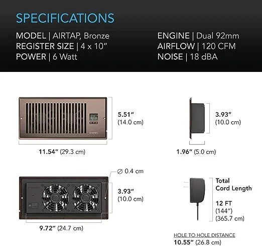 AC Infinity AIRTAP T4, Quiet Register Booster Fan with Thermostat Control. Heating Cooling AC Vent. Fits 4” x 10” Register Holes.