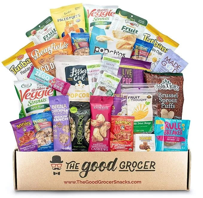 New 2023! GLUTEN FREE and VEGAN (DAIRY and FIG FREE) Healthy Snacks Care Package (25 Ct): Cookies, Bars, Chips, Fruit, Nuts, Trail Mix, Gift Box Sampler, Office Variety, College Student Care Package, Gift Basket Alternative