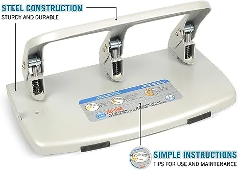 CARL Heavy-duty 3-Hole Punch with Tray - 3 Punch Head(s) - 40 Sheet of 20lb Paper - 9/32 Punch Size - Silver