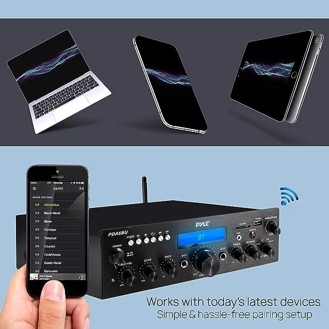 Wireless Bluetooth Power Amplifier System - 200W Dual Channel Sound Audio Stereo Receiver w/USB, SD, AUX, MIC in w/Echo, Radio, LCD - for Home Theater Entertainment via RCA, Studio Use - PDA6BU