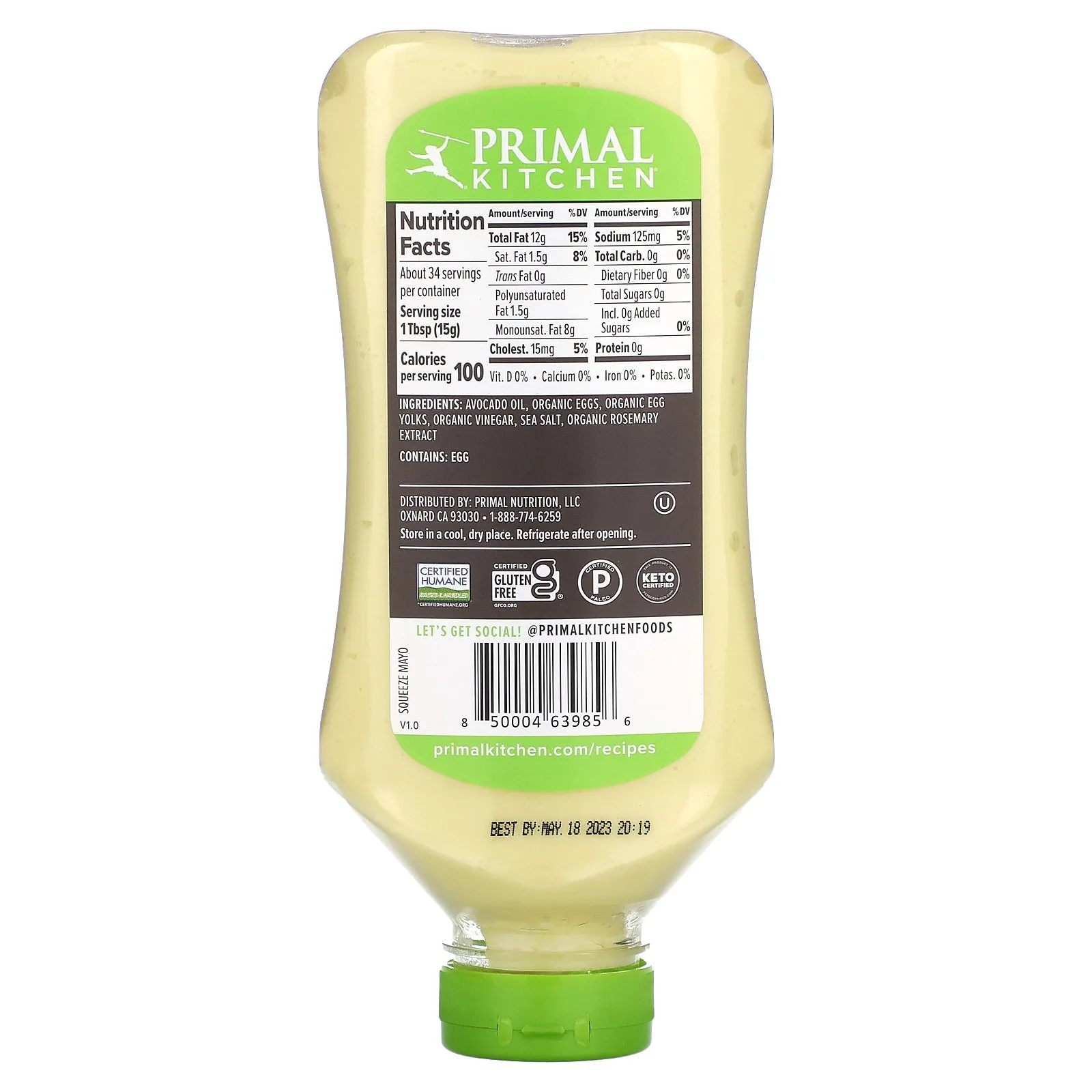 Primal Kitchen Squeeze Original Mayo hecha con aceite de aguacate, 17 onzas