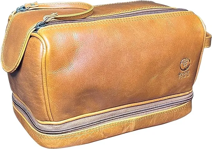 RUSTIC TOWN Leather Toiletry Bag for Men Travel Shaving Dopp Kit Toiletries Organizer Cosmetic Makeup Bag for Women