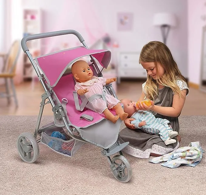 Badger Basket Trek 3-Wheel Folding Twin Doll Jogging Stroller - Gray