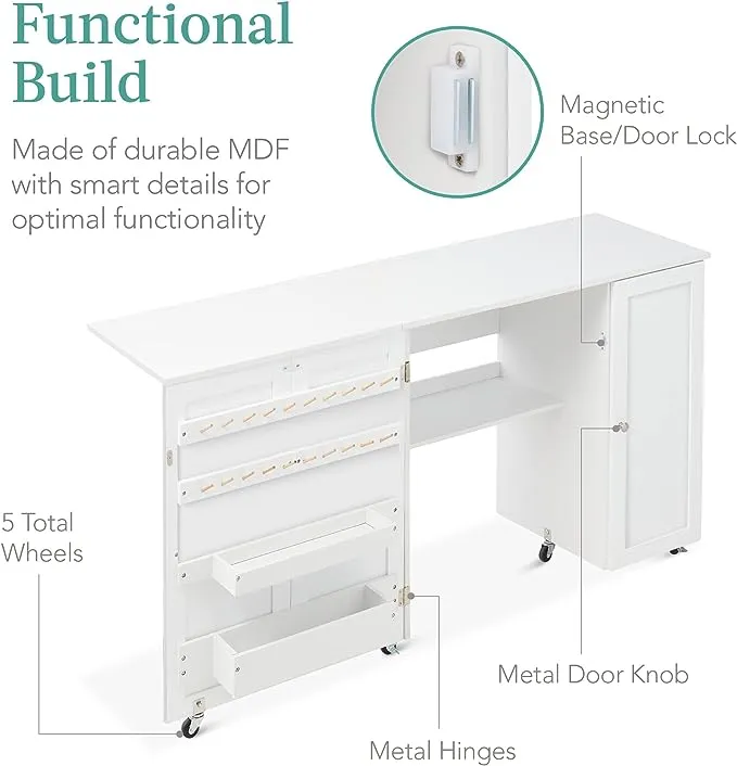 Best Choice Products Mesa de costura plegable grande estación de manualidades portátil multiusos y escritorio lateral con diseño compacto