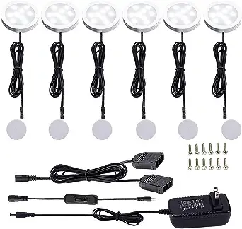 AIBOO 12V LED Under Cabinet Lights Kit 6 Pack Black Cord Aluminum Puck Lamps for Kitchen Counter Closet Lighting with Manual on/Off Switch 12W 6 Lights (2700K Warm White)