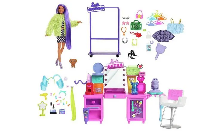 Barbie Extra Doll & Vanity Playset with Exclusive Doll, Pet Puppy, 45+ Pieces Including Clothes & Accessories, Toy Gift for Kids 3Y+, GYJ70