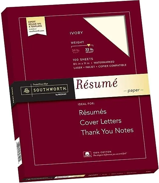 Southworth 100% Cotton Resume Paper, 32 lb, 8.5 x 11, Ivory, 100/Pack