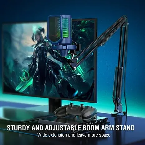 FIFINE USB Gaming Streaming Recording PC Microphone Kit, RGB Condenser Computer Mic Bundle for Podcasts, Audio, Vocal, Video on Mac/Desktop/Laptop, with Boom Arm Stand-A6T Blue