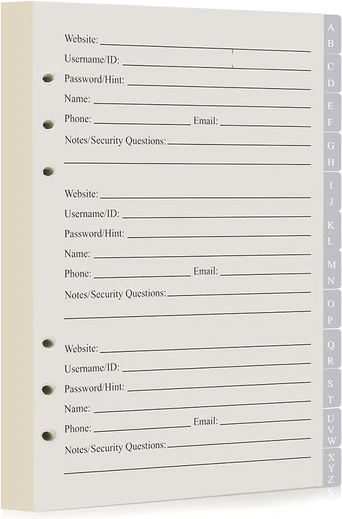 Password Book Refill Pages 212 Replacement Pages Internet Log Book Large Prin...