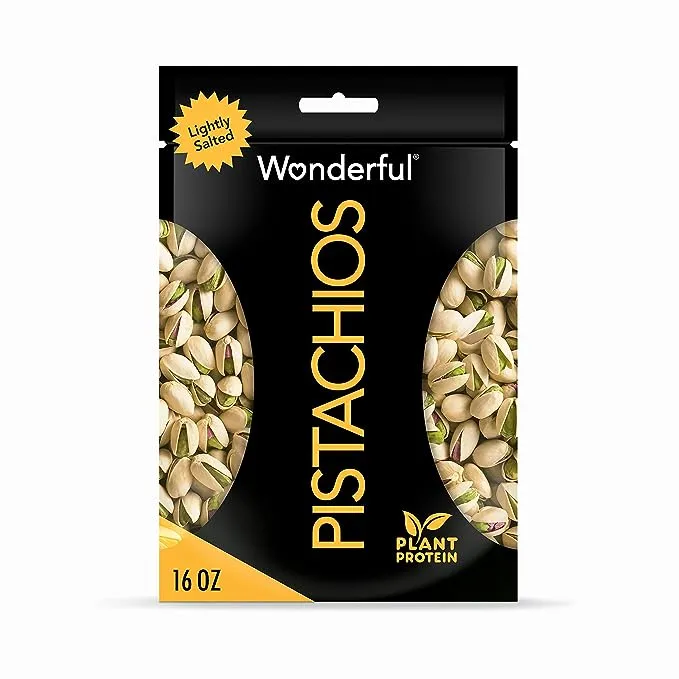 Wonderful Pistachios, No Shells, Roasted and Salted Nuts, 12 Ounce Resealable Bag, Good Source of Protein, Gluten Free, On-the Go-Snack