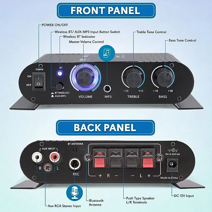 Pyle 90 Watt Peak w/ 8 Ohm Bluetooth Mini Blue Compact Home Studio, Class T Amplifier w/ 3.5mm and 0.25In Input, Rotary Controls, 4 Speaker Terminals