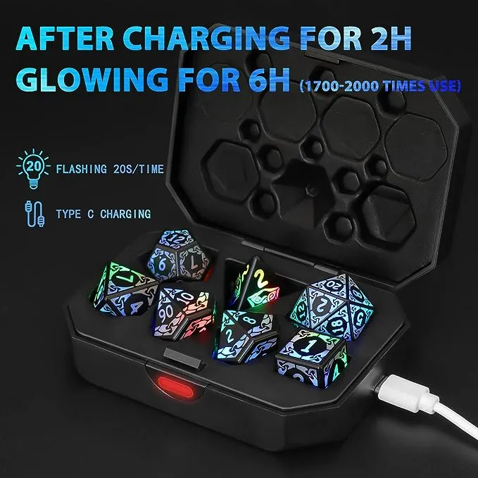 DND Dice Rechargeable with Charging Box, Light Up Dice 7 Pcs LED Electronic Dices, Dungeons and Dragons Dice Polyhedral Dice Sets for Tabletop Games