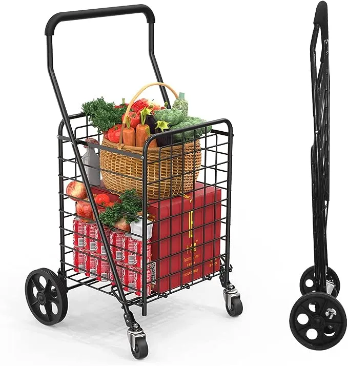 Kiffler Grocery Shopping Cart with 360° Rolling Swivel Wheels Utility Cart Easily Collapsible Cart 66lb Extended Foam Cover, Trolley for Laundry,Groceries,Travel BlackKiffler Grocery Shopping Cart with 360° Rolling Swivel Wheels Utility Cart Easily Colla