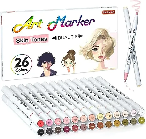 26 Colors Skin Tone&Hair Art Markers, Shuttle Art Dual Tip Alcohol Based Flesh-Color Marker Pen Set Contains 1 Blender Perfect for Kids & Adults Portrait,Comic, Anime, Manga, Illustration.