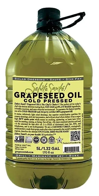 Cold Pressed Grapeseed Oil by Salute Sante! High Temperature Cooking, Healthy Grape Seed Oil, Non-GMO and Kosher for Salad Dressings, Marinades and Dips, Vegan, 5 Liter