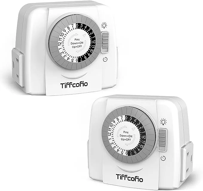 TiFFCOFiO Indoor Mechanical Timer Outlet, 3 Prong Plug in Light Timer, 2 Grounded Outlets for Indoor Lighting and Lamps, ETL Listed, 2 Pack