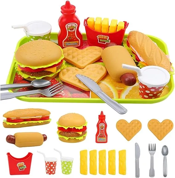 Elitoky Pretend Play Fast Food Set, Play Food for Kids Kitchen - Play Kitchen Accessories - Toy Foods with Play Burger and Hot Dog Plastic Food for Pretend Play, Kids Toddler Childrens Birthday Gifts