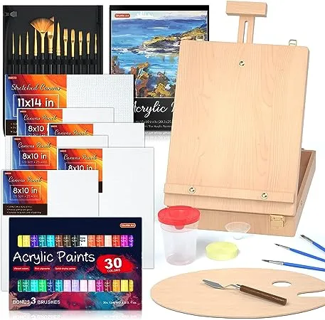 Acrylic Painting Set, Shuttle Art 59 Pack Professional Painting Supplies with Wood Tabletop Easel, 30 Colors Acrylic Paint, Canvas, Brushes, Palette, Complete Painting Kit for Kids, Adults, Artists