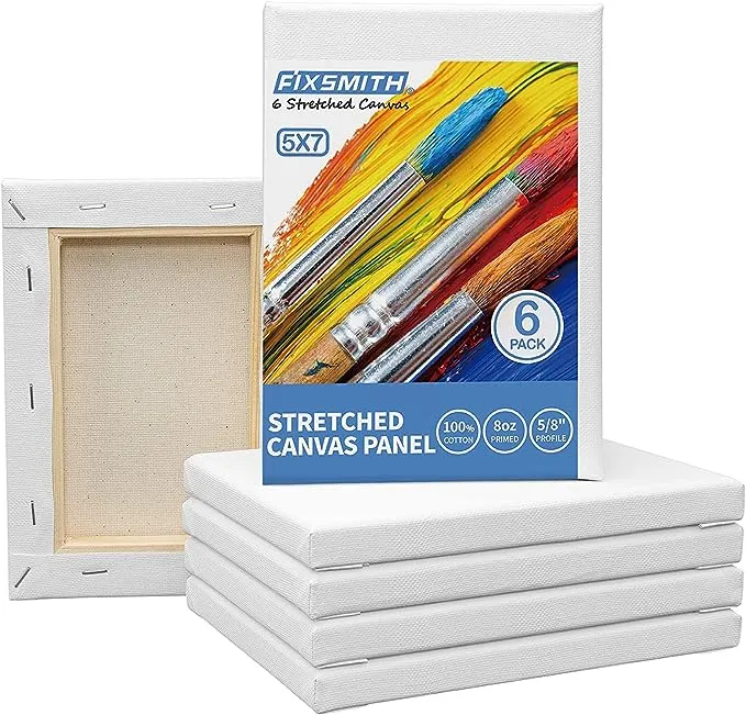 FIXSMITH Stretched White Blank Canvas- 5x7 Inch,6 Pack,Primed,100% Cotton,5/8 Inch Profile of Economy Value Pack for Acrylics,Oils & Other Painting Media.