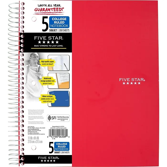 Five Star Spiral Notebook + Study App, 5 Subject, College Ruled Paper, Fights Ink Bleed, Water Resistant Cover, 8-1/2" x 11", 200 Sheets, Red (72077)