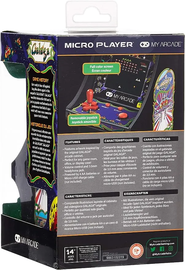 My Arcade Micro Player Mini Arcade Machine: Galaga Video Game, Fully Playable, 6.75 Inch Collectible, Color Display, Speaker, Volume Buttons, Headphone Jack, Battery or Micro USB Powered