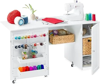 Best Choice Products Large Portable Multipurpose Folding Sewing Table w/ Magnetic Doors, Craft Storage & Bins - White