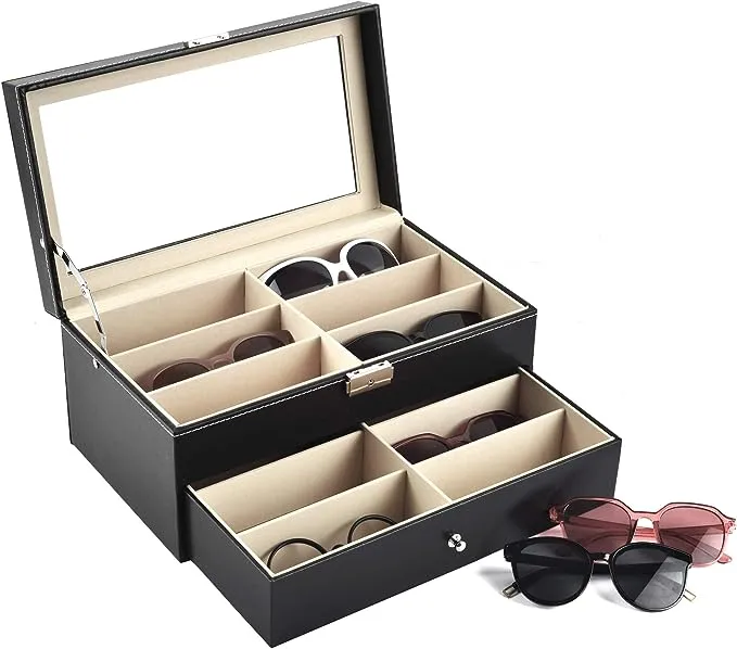 12 Grids Sunglass Organizer Leather Eyeglasses Collector Double-Layer Eyewear Display Case Lockable Storage Box, Black